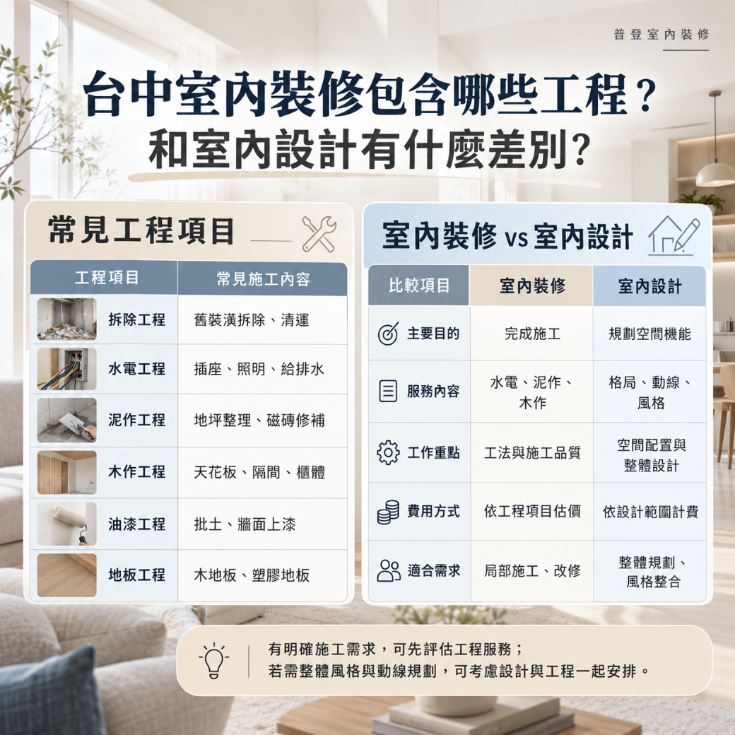 台中室內裝修 與室內設計的比較表格